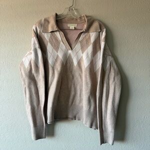 Cynthia Rowley, Womens Biege Preppy Argyle Polo Collar Knit Sweater, Size XL